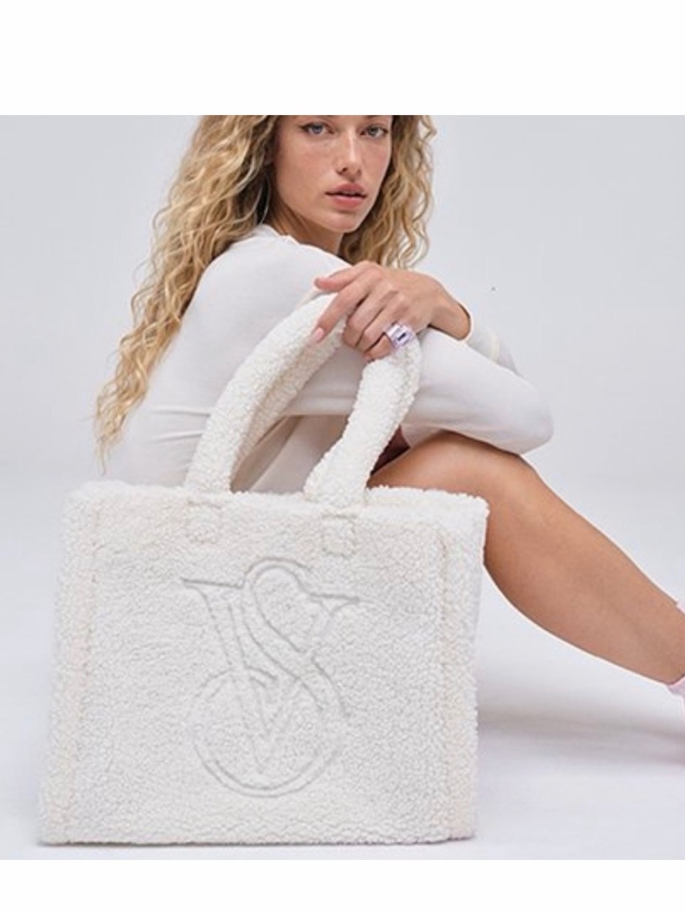 Victoria's Secret Cream Shearling Tote with Embossed VS Logo